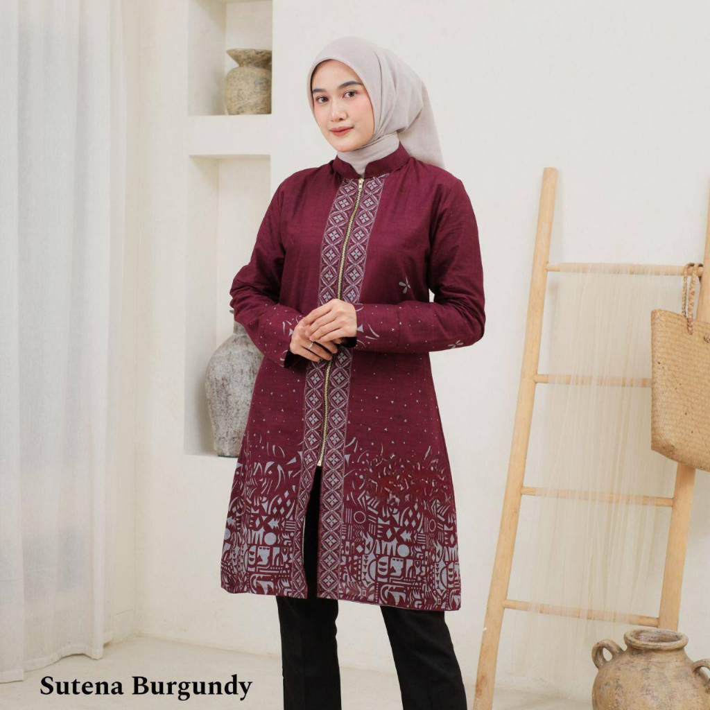 Atasan Batik Muslimah Tunik Resleting Zipper Batik Wanita Lengan Panjang Modern Kerja Kantor B9