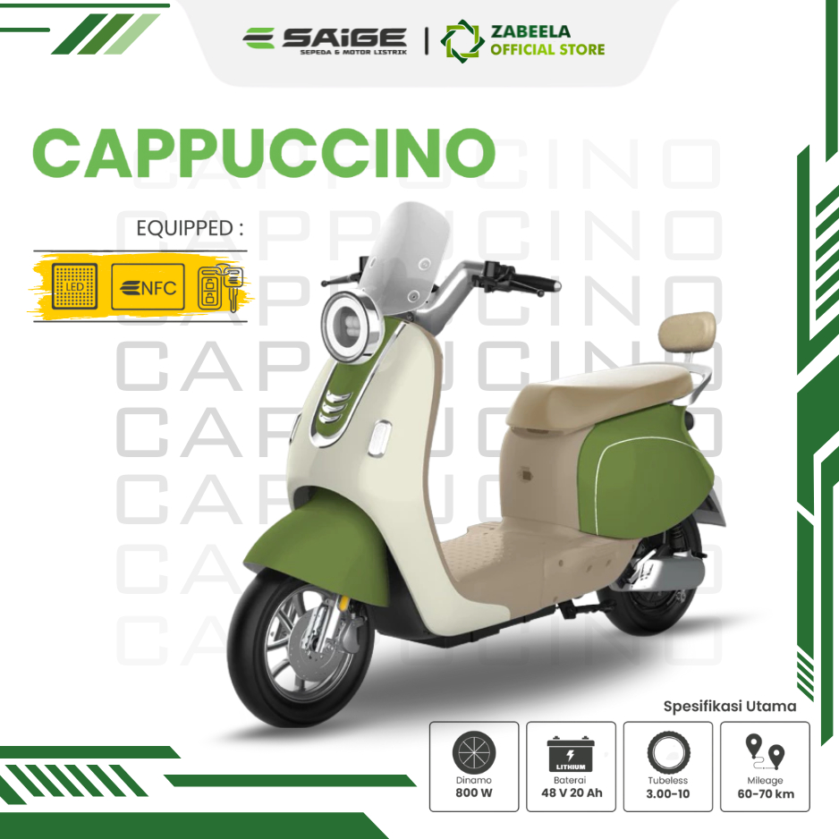 Sepeda Listrik SAIGE CAPPUCINO 800W 48v/20Ah Baterai Lithium Terbaru