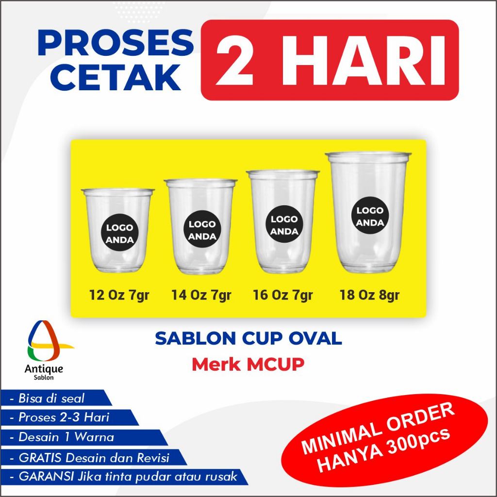 Sablon Cup Oval Gelas Packaging Plastik PP Custom 12 Oz, 14 Oz, 16 Oz, 18 Oz Tebal 7-9 Gram Merk MCU