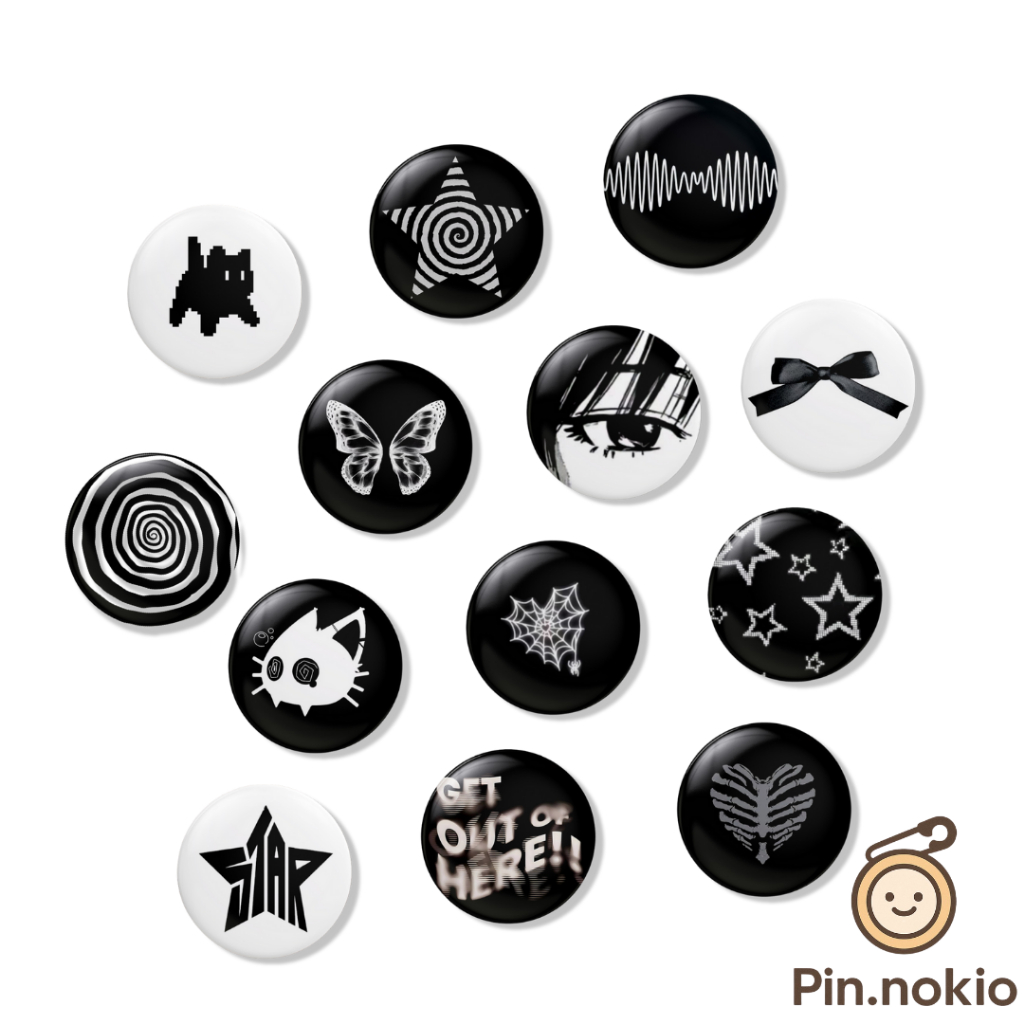 PIN.NOKIO  44mm Pin Button Aesthetic Black White Y2K Cute Deco – Pin Bros Retro Punk Alt Indie untuk