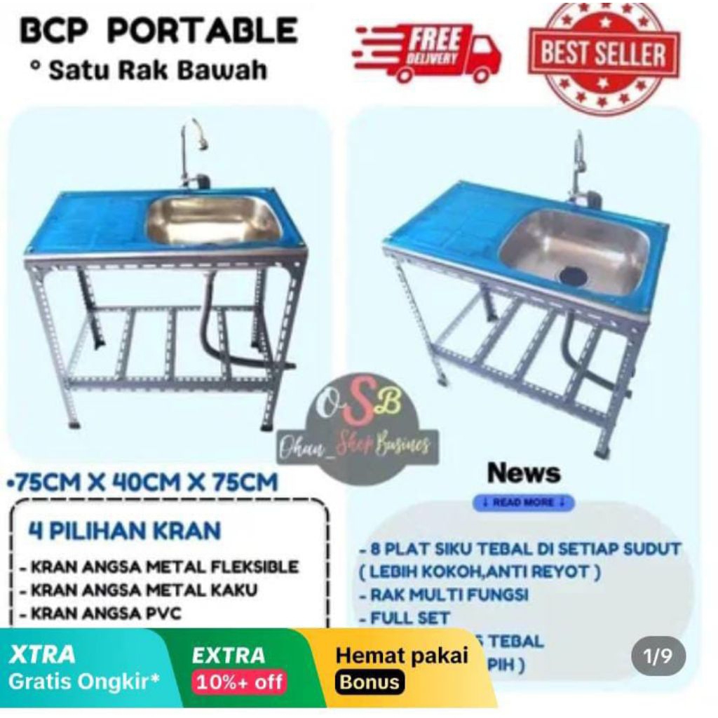 Paket lengkap kitchen sink stainles bak cuci piring portable ukuran 75x40 cm
