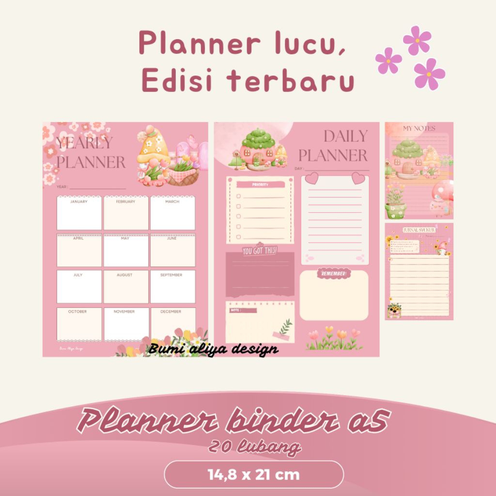 (Bumi Aliya Design) Isi Binder A5 Planner Lucu – Desain Pastel Aesthetic | Daily Planner | Notes & J