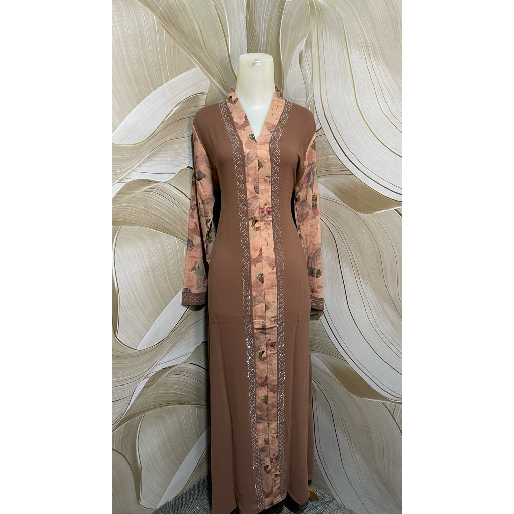 Hauraé Abaya coksu / coklat kopi muda kombinasi lengan cream-beige SZ L