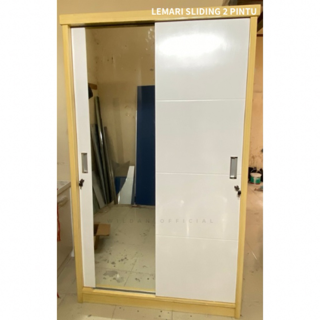 LEMARI PAKAIAN SLIDING 2 PINTU KACA FULL - LEMARI PAKAIAN SLIDING KAYU - LEMARI PAKAIAN SLIDING
