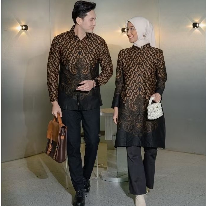 Batik couple Pasangan  motif GAYATRI TUNIK FULL TRIKOT DAN Kemeja Full Puring Premium