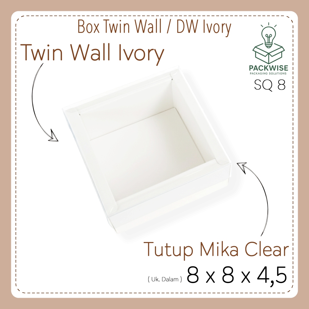 Box Twin Wall / DW / Double Wall Ivory Putih + Tutup Mika Clear - 8x8x4.5 cm - Kue Souvenir Hampers