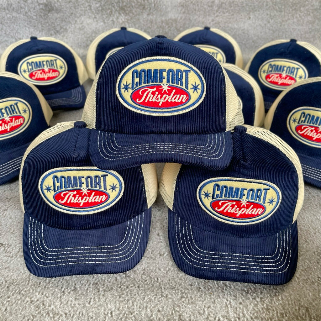 Topi Jaring Corduroy Trucker Hat  Cream Navy Comport Thisplan