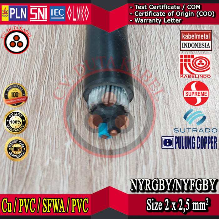 Kabel NYRGBY/NYFGBY 2x2,5 mm2 MERK KABELMETAL  (KMI)/SUPREME/KABELINDO/SUTRADO/PULUNG/2x2.5 mm2