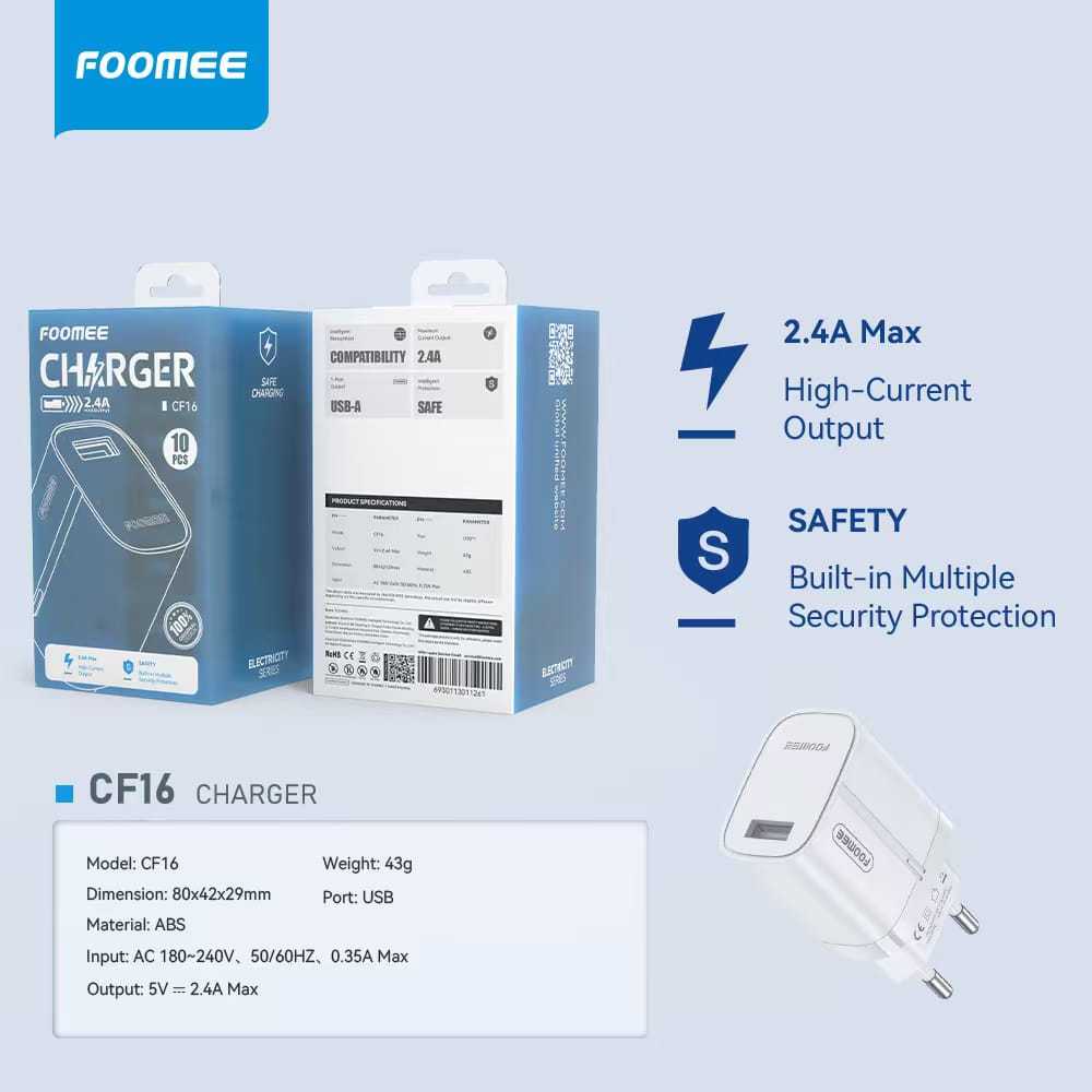 FOOMEE CC08s/CF06/CF16/CF26/CF36/MC01/MC02/CT01/BQ11  TRAVEL CHARGER(1BOX ISI 10PCS) 1 USB 2.4A/3A  