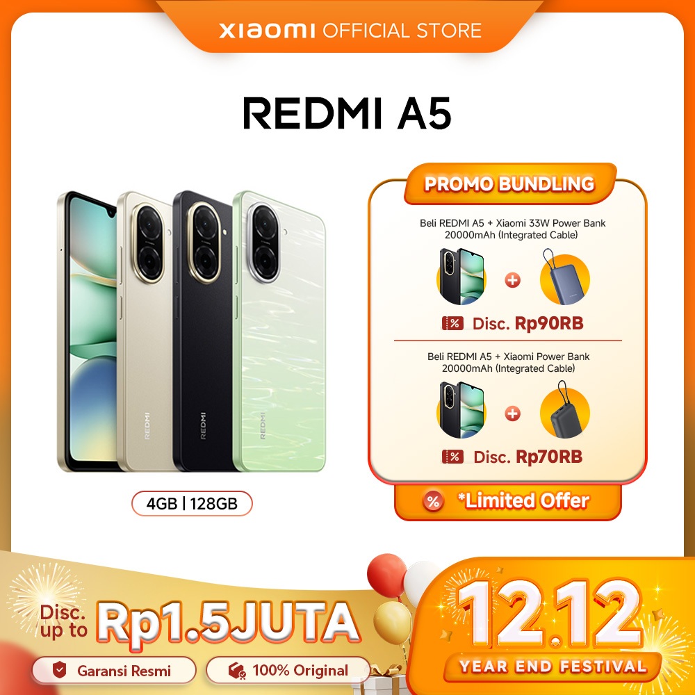 Xiaomi Redmi A5 (4+4GB*/128GB) | Kamera hebat 32MP | Desain memikat 6.88"display | Baterai kuat 5200