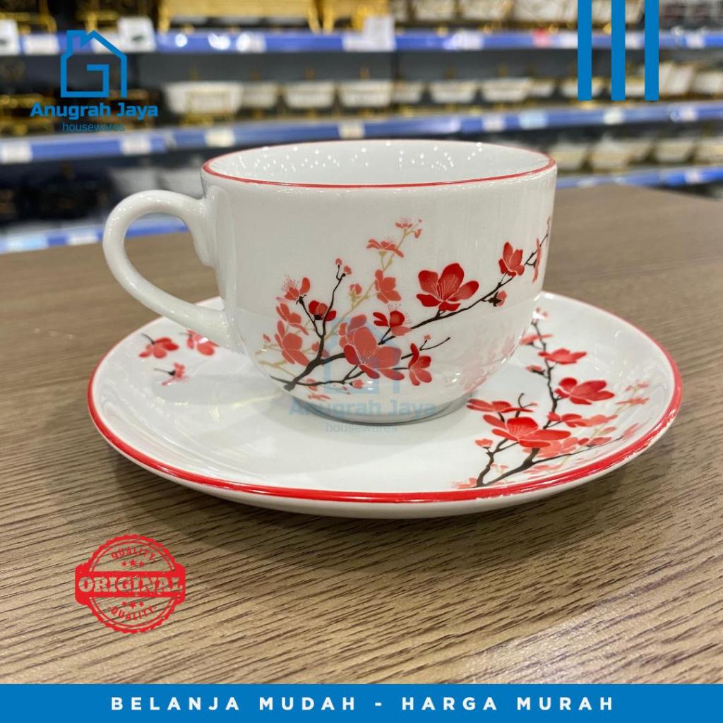 Cangkir Lepek Set Keramik | Motif Sakura Merah | Cangkir Teh | Cangkir Kopi KPZ-05 Kopin
