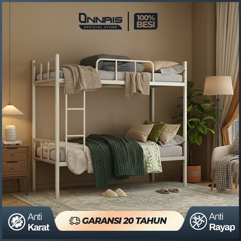 ONNAIS Ranjang Susun 2 Tingkat Besi Dipan Tempat Tidur Susun Asrama Ranjang Tingkat Anak Knockdown