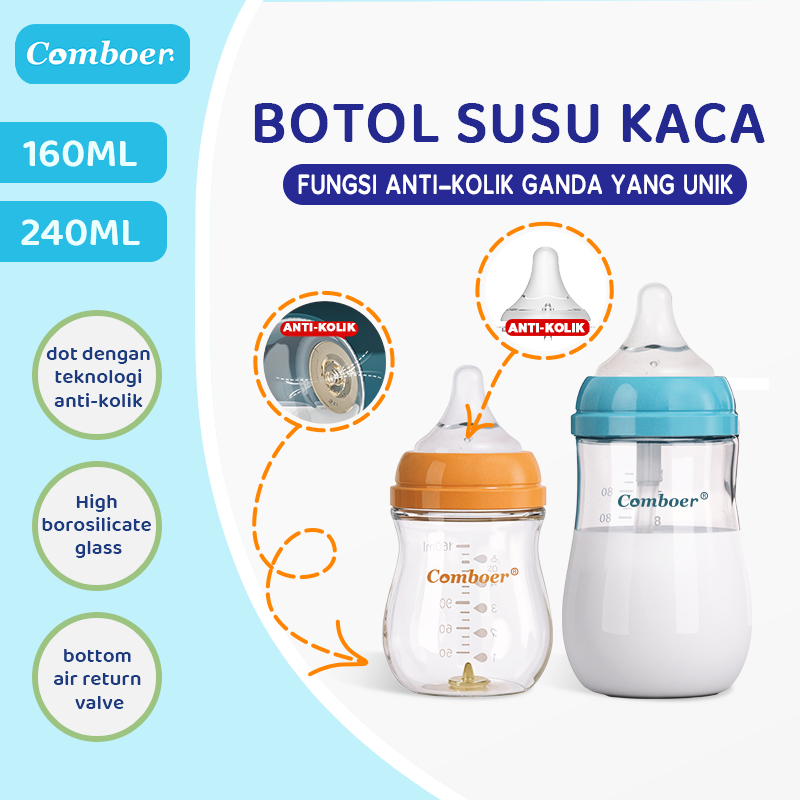 Comboer newborn botol susu bayi kaca 160/240ML Fungsi anti-kolik ganda yang unik, dot dengan teknolo
