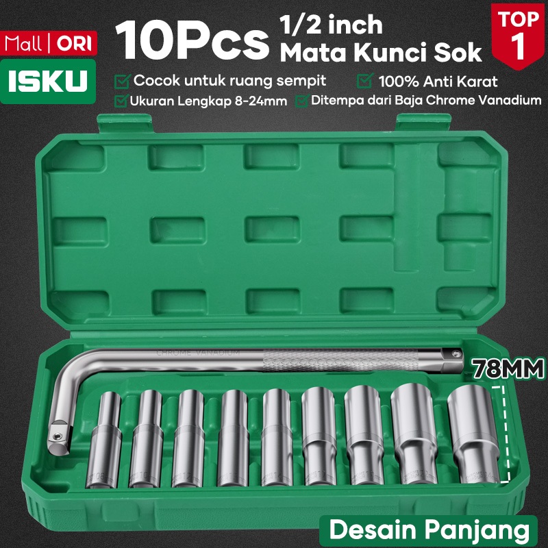 ISKU Paket Kunci Sok Mata Sok Panjang 78mm 1/2 Inch 10 Pcs Baja Karbon Tinggi Gagang Sok L 10 Inch D
