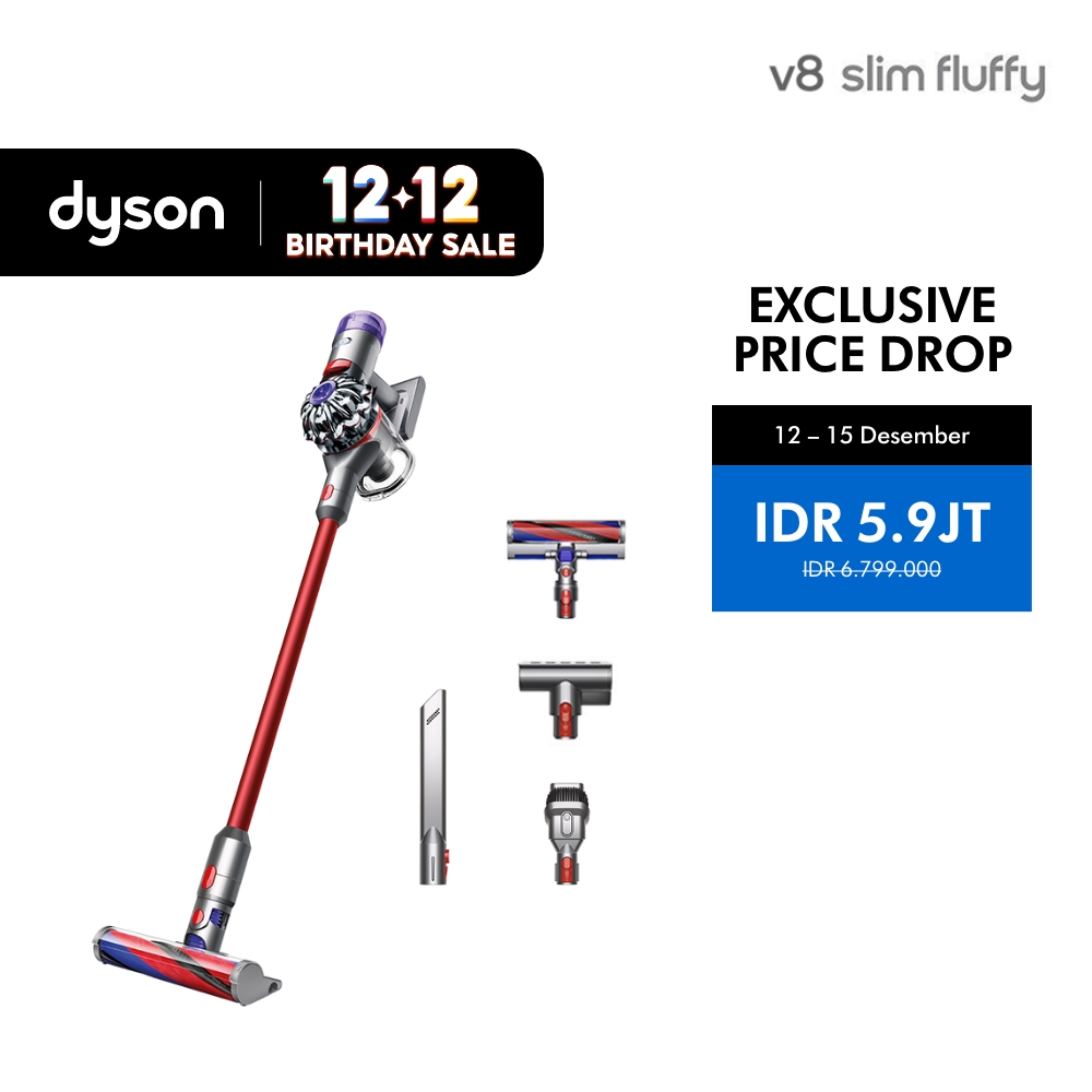 Dyson V8 Slim ™ Fluffy Cordless Vacuum Cleaner (Nickel/Red) - Penyedot Debu Ringkas & Ringan | Daya 