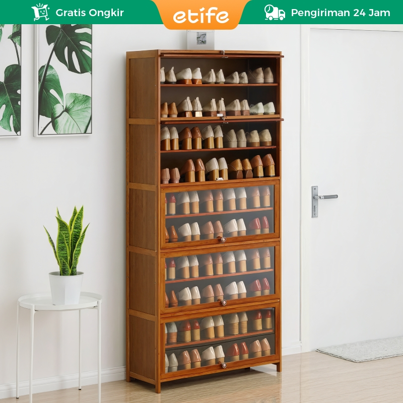 E-TIFE Lemari Sepatu Tertutup Rak Sepatu Multi Lapis Lemari Sepatu Kayu Sederhana Pintu Transparan R