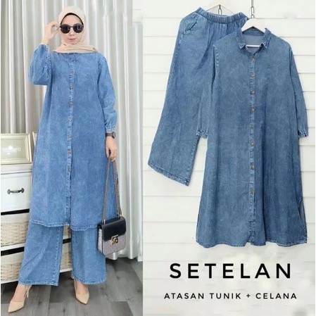 Jammie one set long jeans wanita setelan celana atasan tunik panjang
