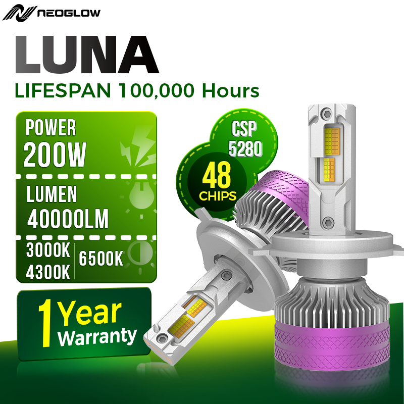 Neoglow LUNA  Lampu LED Mobil 2PCS Headlight H4/H11/9005 200W 40000LM lampu mobil led depan Lampu ti