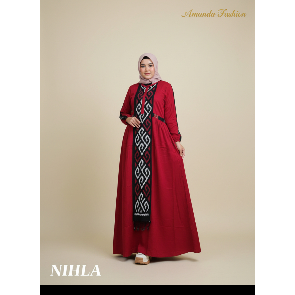 Gamis Amanda Nihla Rayon Twill Premium Mix Kain Tenun Troso Motif Dan Warna Troso Random (Free Pouch