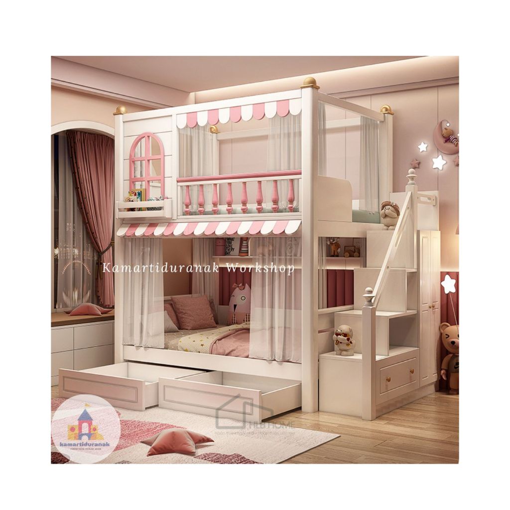 Ranjang Tingkat Anak Kayu / Tempat Tidur Anak Perosotan / Ranjang Susun Anak Lemari