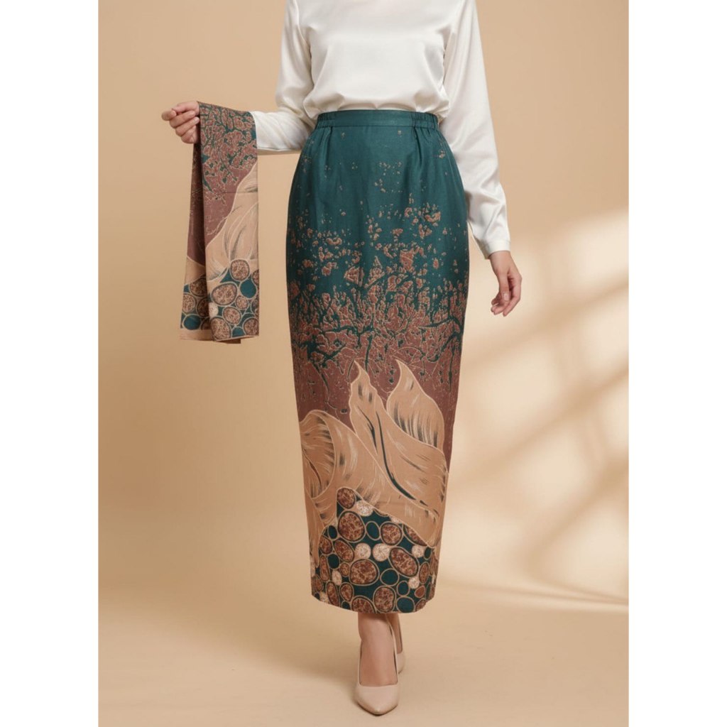 Mamamini - Rok Span Batik Furing + Selendang Hijau Emerald Bawahan kebaya wanita Katun