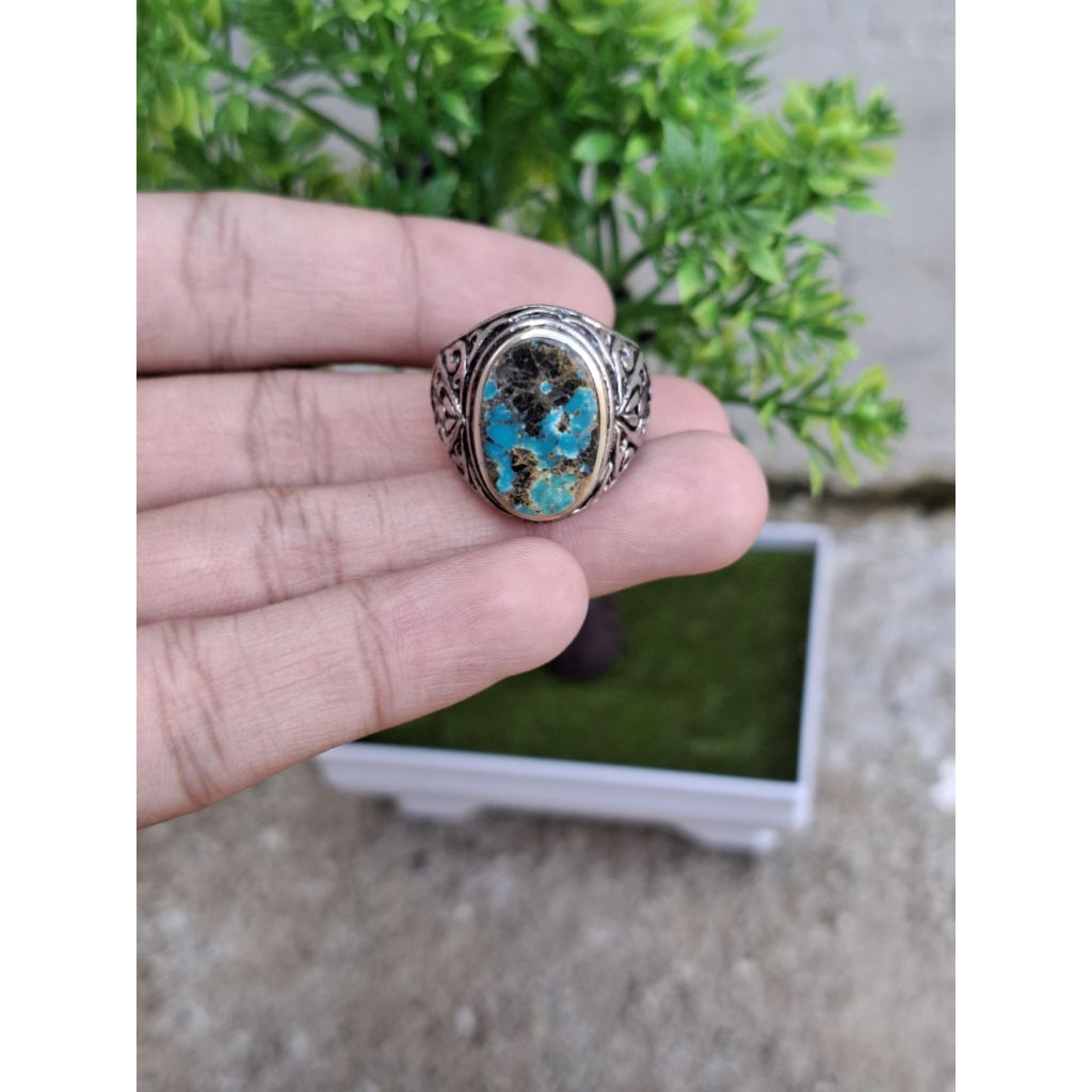 Natural Pirus Persia Blue Serat Emas Ring Alpaka Super