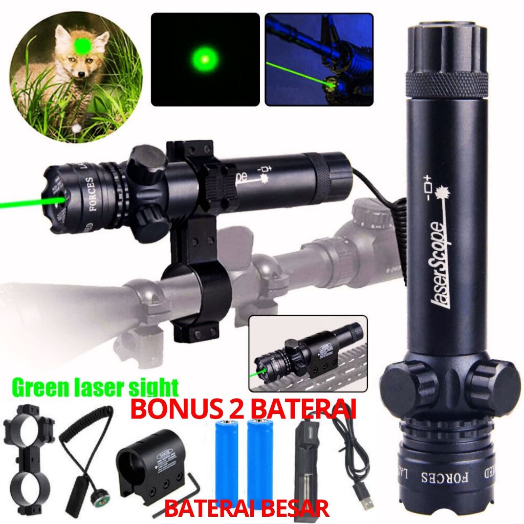 Laser Tembak Senapan Angin Warna Hijau Dot Scope Jarak Jauh Siang Malam 300 Meter SET 2 BATREI BESAR