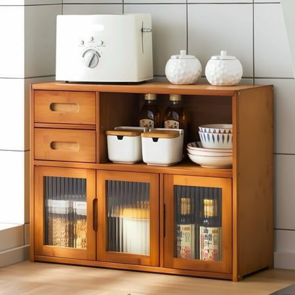 Lemari Dapur Kayu Minimalis Kaca Geser Serbaguna – Kabinet Penyimpanan Peralatan Masak & Bumbu Moder