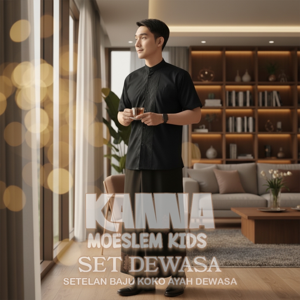 KANNAMOSLEMKIDS Set Sarko Dewasa Setelan Sarung & Baju Koko Dewasa Lengan Pendek