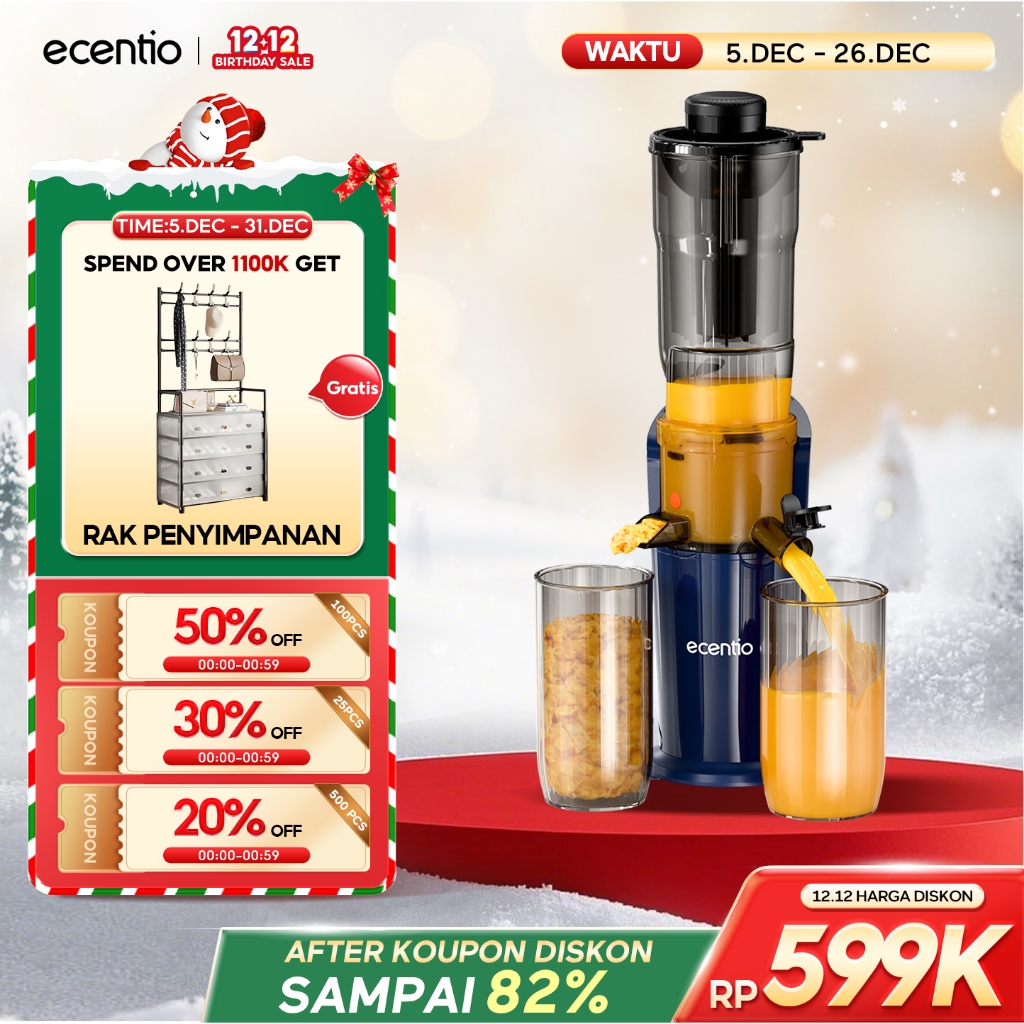 ecentio Slow Juicer Low Watt Juicer Buah Tanpa Ampas 82mm Easy Juice Filter-Free Low Watt Easy Clean