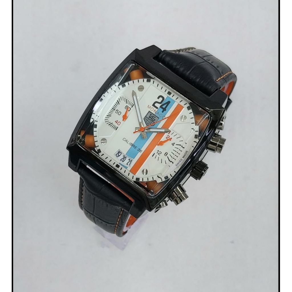 Tag Heuer MonacoStrap KulitChrono onTanggal onCase: Black n SilverDm 4cm READY LAGI 