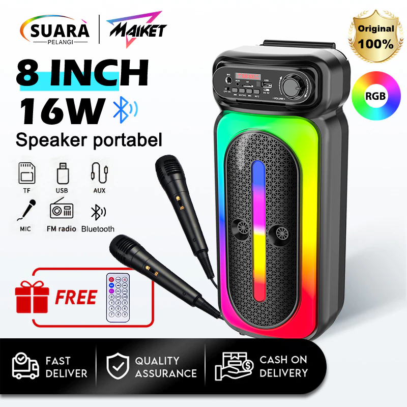 MAIKET Speaker Bluetooth Karaoke Besar Super Bass 8 Inch Polytron Protable Wireless Salon Aktif 100%