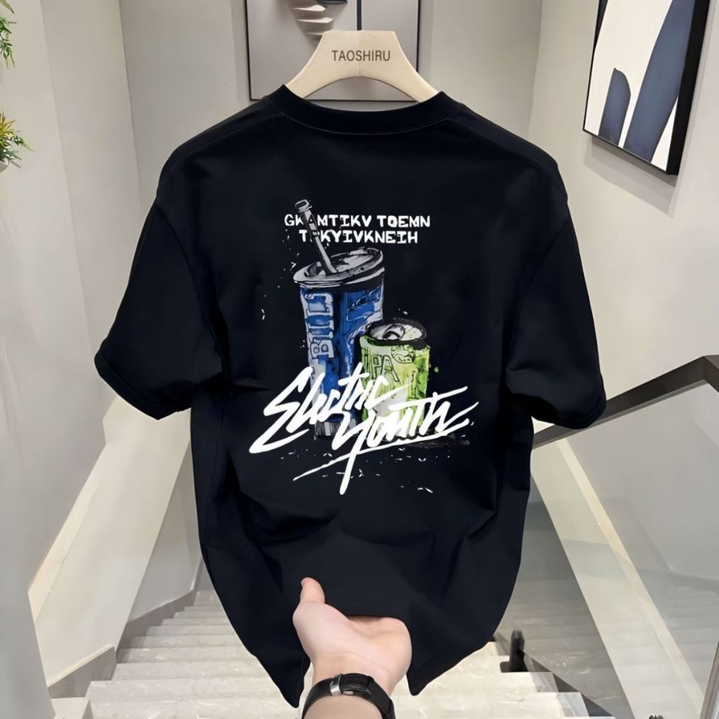 Kaos Pendek Katun 100% dengan Elemen Minuman Alkohol, Unisex Musim Panas, Oversize Gaya Kustom