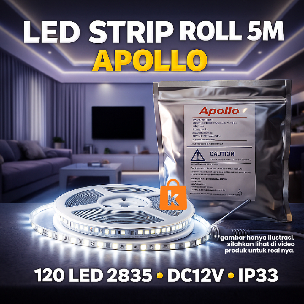 Lampu LED Strip Roll 5M 120LED 2835 DC12V Apollo | LED Lampu Hias Dekorasi Rumah / Kamar / Plafon