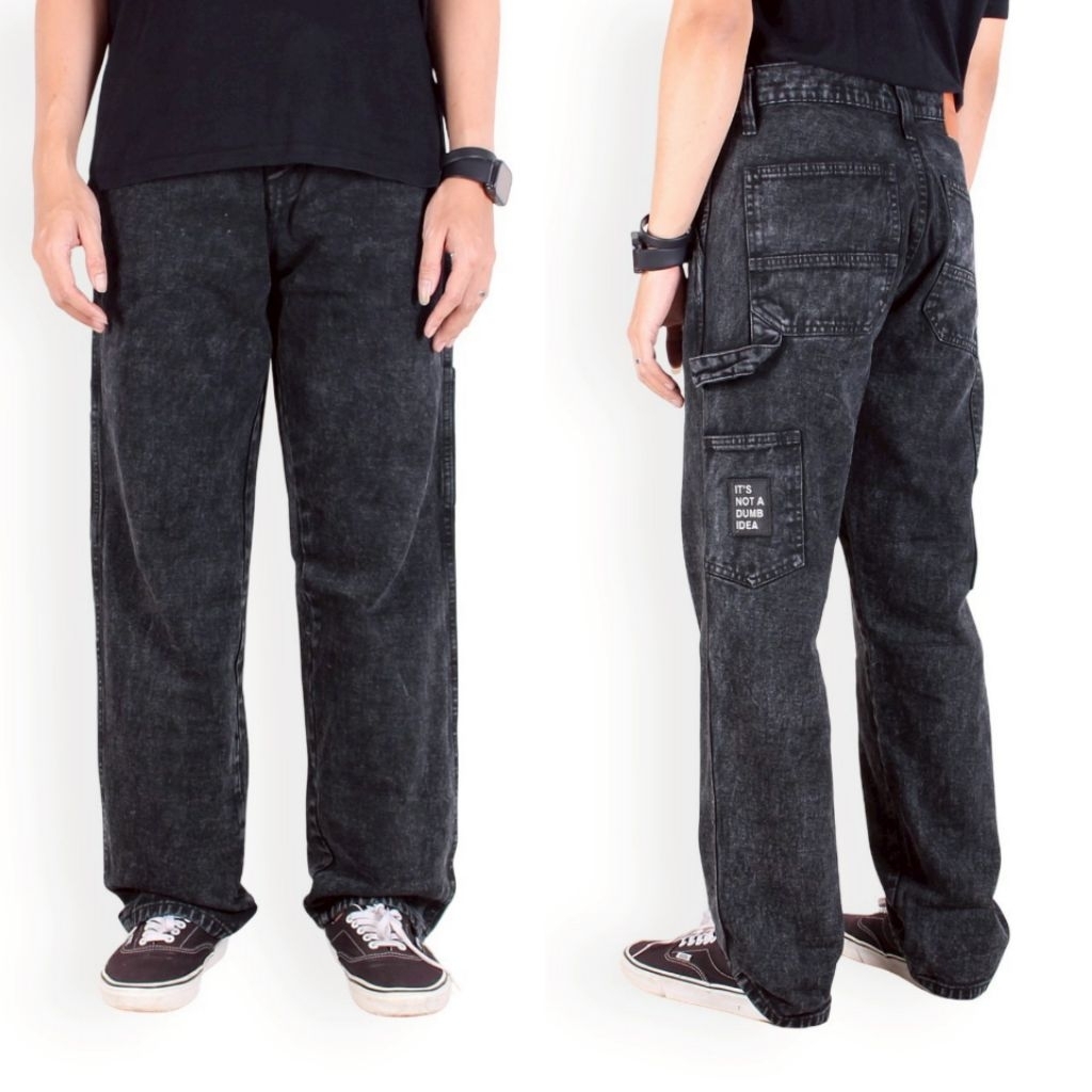 Celana jeans panjang carpenter pria denim sandwash black non Stretch / Jeans Carpenter baggy pria de