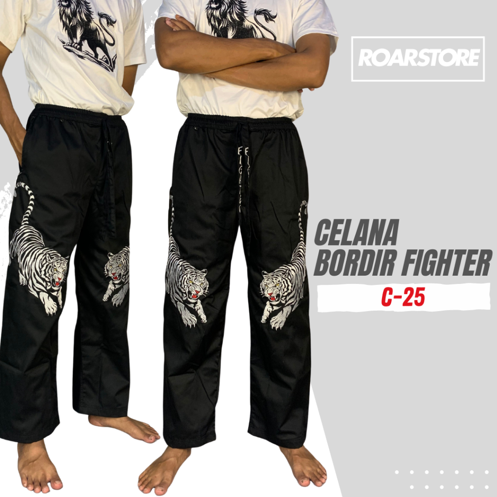 Celana Silat Hitam Komprang Bordir Tebal Panjang Motif Gambar Naga Fighter Pangsi M-XXXL Pria Dewasa