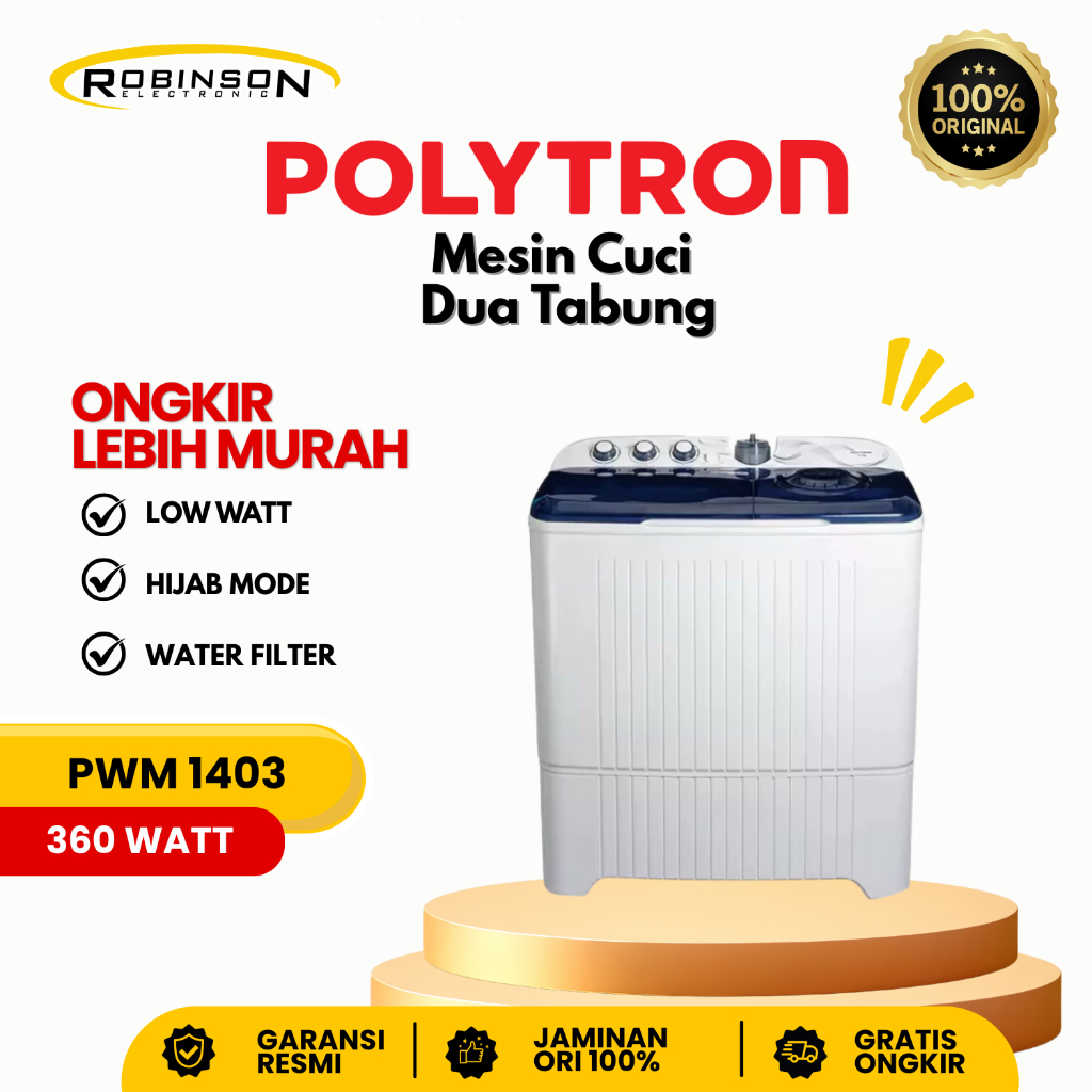 POLYTRON Mesin Cuci 12 Kg 14 Kg 2 Tabung PWM 1203 1403 Low Watt & Anti Karat