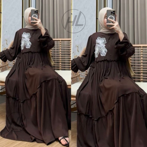 Gamis Bloom Rayon Twill Super Adem Jumbo Mewah Elegan Model Rempel Susun