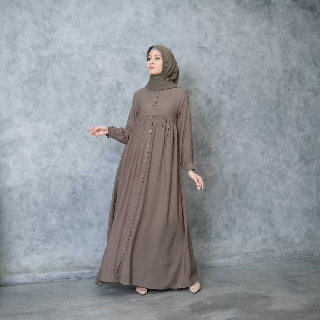 Gamis Full Kancing Rayon Twill Gamis Polos Premium Muslim Wanita Gamis Lengan Kancing