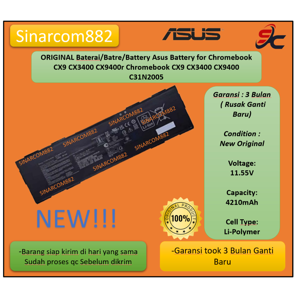 ORIGINAL Baterai/Batre/Battery Asus Battery for Chromebook CX9 CX3400 CX9400r Chromebook CX9 CX3400 