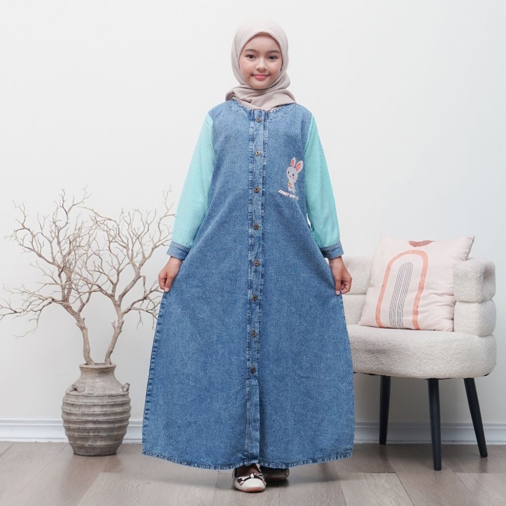 ZAIDA gamis Jeans Muslim Kombinasi Salur Gamis Jeans Anak Tanggung Gamis Lebaran Dress Anak Kombinas