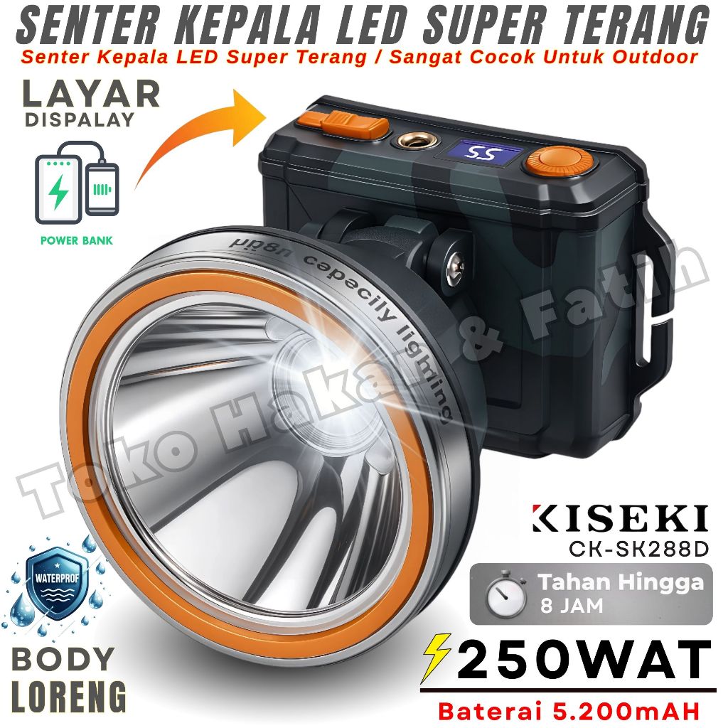Terbaru~Senter Kepala LED KISEKI CK-SK288D , Daya 250wat , Baterai 5200mAh , Tahan hingga 8jam , Sen