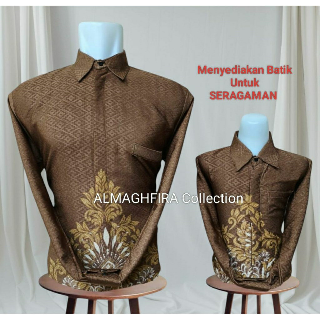 COUPLE Batik pria Ayah dan Anak Kemeja Lengan Panjang Dobby Premium Mocca Gold Mewah dansangat Elega