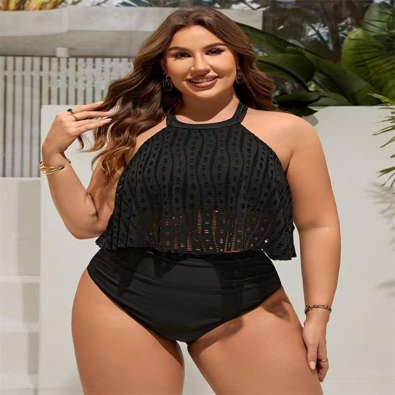 Bikini Baju Renang Wanita Jumbo Big Size Hitam Polos Ruffle Renda Plain Black Two Piece Swimsuit Hig