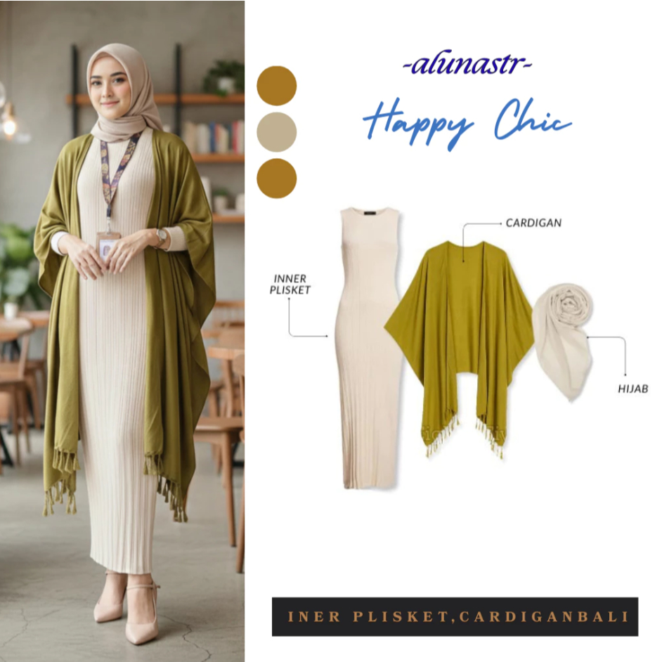 Set OOTD Hijab: Inner Dress Plisket Rajut + Outer Cardigan Rayon Bali Olive Kekinian