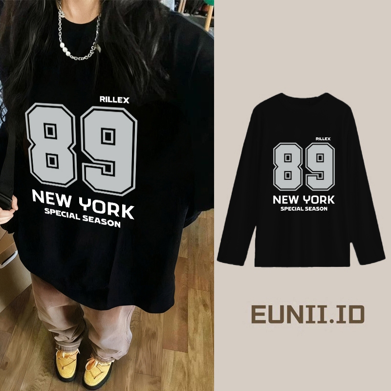 EUNII Kaos Lengan Panjang Wanita Gaya Korea Dengan Cetakan Angka 89/atasan longgar lengan panjang te