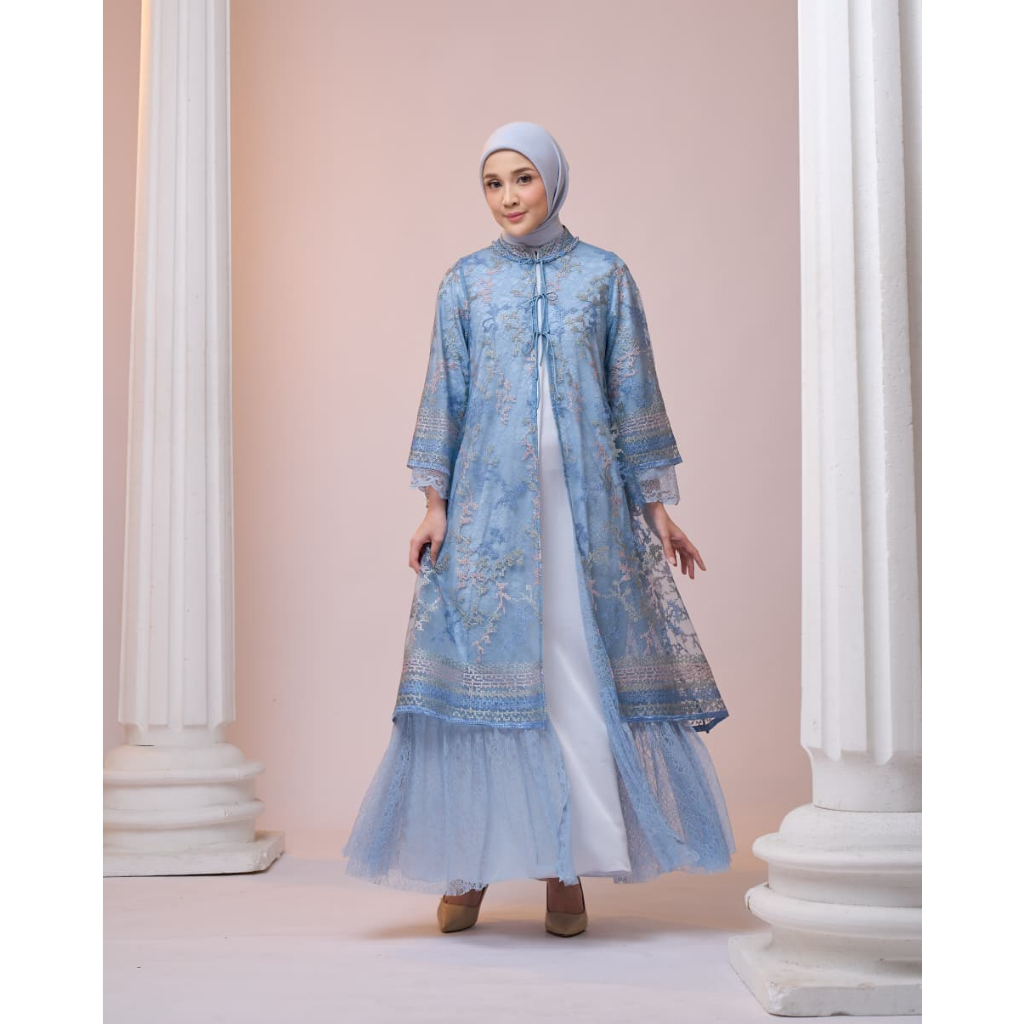 shebe design - Salwa Midi Dress Denim Blue Dress Gamis Brukat Outer Kekinian