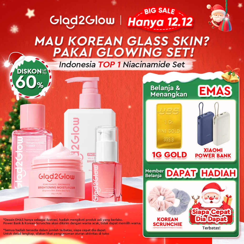 [12.12 Belanja 200rb, Disc. 20%]Glad2Glow Cerah Glowing Bundle 4in1-Brightening Moisturizer+Serum+Cl