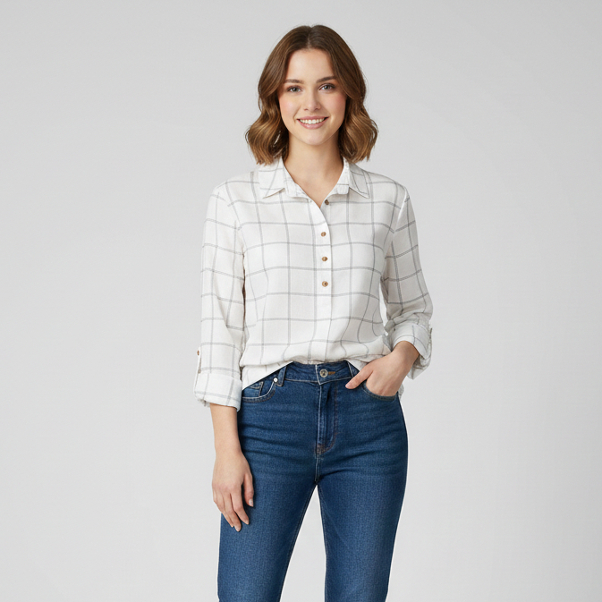 RILLEY - Kemeja Blus Thanisa | Kemeja Kotak Putih Wanita | Kemeja Wanita Adem Bahan Rayon Slub