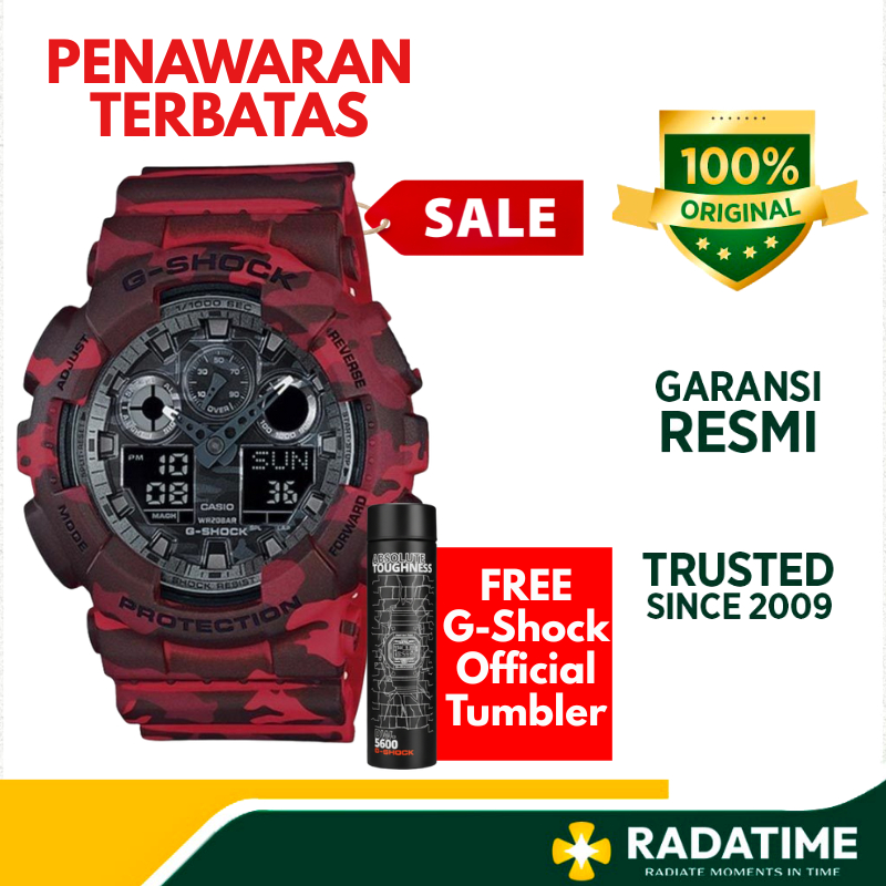 [SALE + FREE G-SHOCK TUMBLER] Jam Tangan Pria Casio G-Shock Red Army 100% Original GA-100CM-4ADR